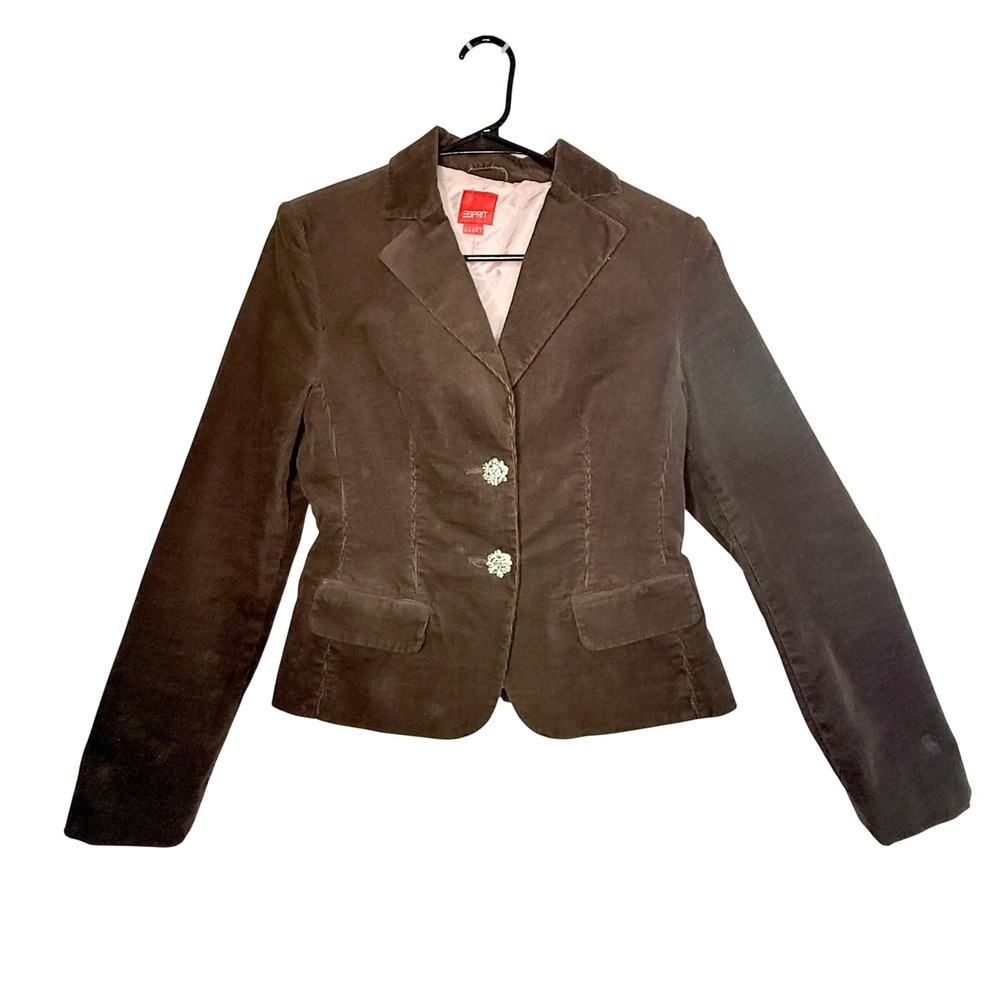 Esprit Vintage Y2K Brown Corduroy Blazer Rhinestone Flower Buttons Size 6